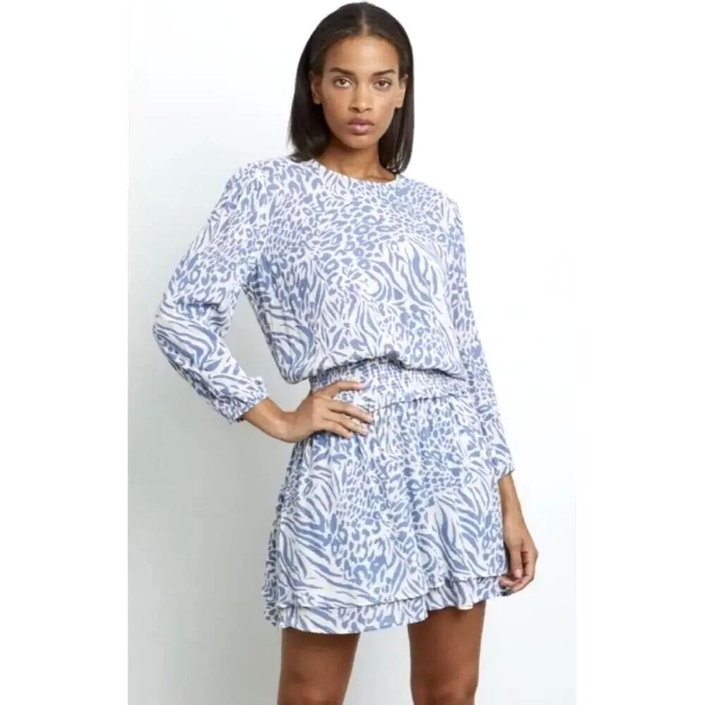 RAILS Inez Smocked Mini Dress Blue Mixed Animal Flirty Date Night Rayon Medium